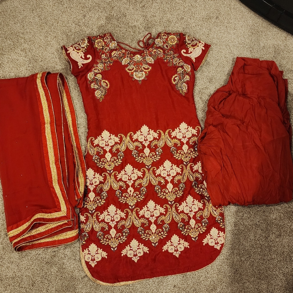 Red Gold Pearl Salwar Kameez